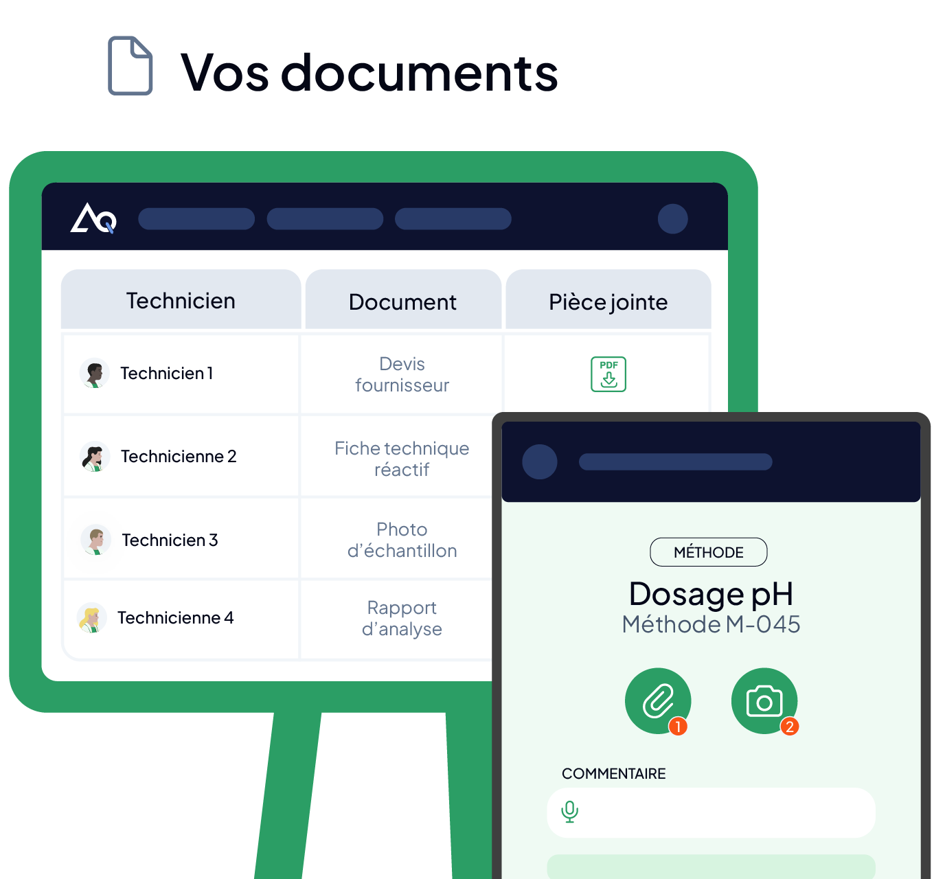 Gestion documentaire de laboratoire dans le LIMS AQ Manager : documents joints par technicien (devis, fiche technique, photo, rapport d'analyse) et ajout de pièces jointes sur mobile.