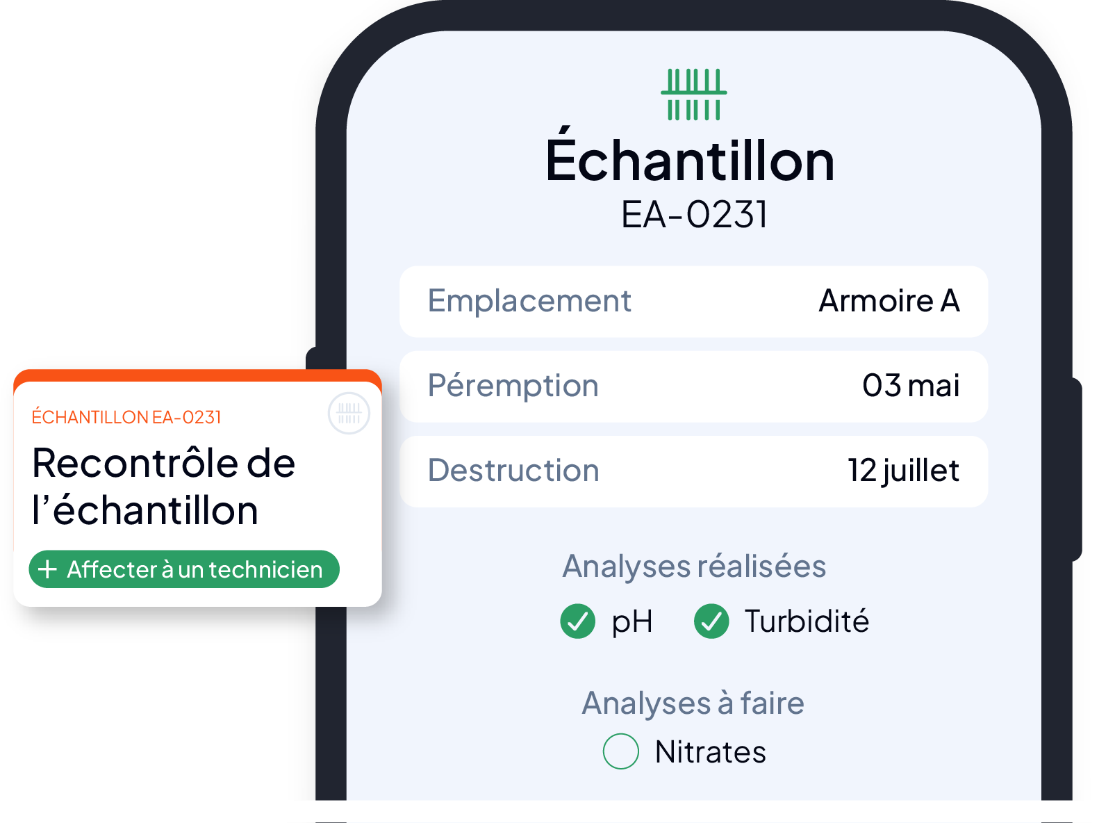 Application mobile de l'échantillothèque AQ Manager : scan de l'étiquette d'un échantillon pour afficher son emplacement, ses dates de péremption et de destruction, et ses analyses réalisées ou à faire.