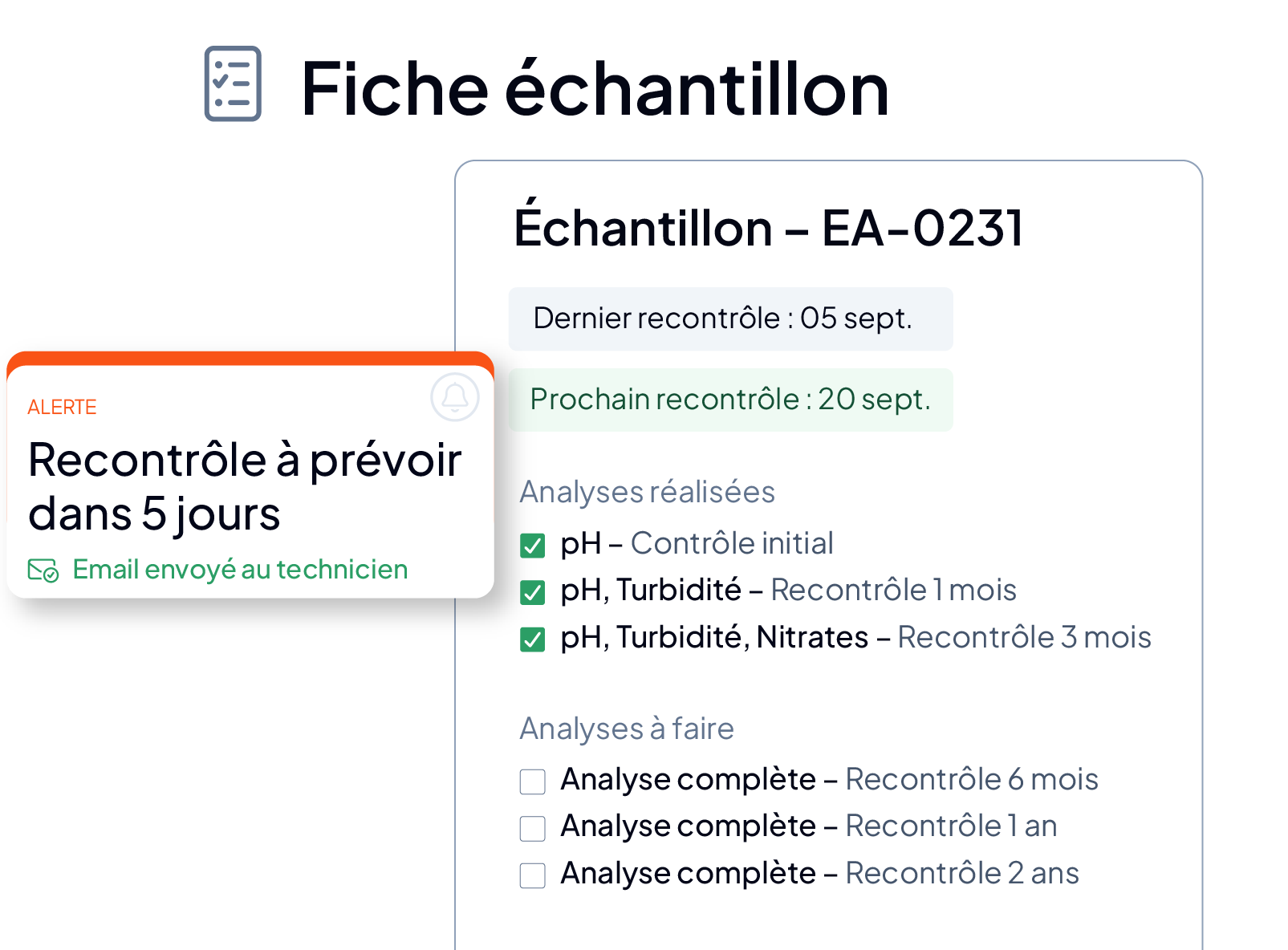Fiche échantillon d'une étude de stabilité dans le LIMS AQ Manager : planning des recontrôles (1 mois à 2 ans), suivi des analyses réalisées et à faire, et alerte e-mail envoyée au technicien.