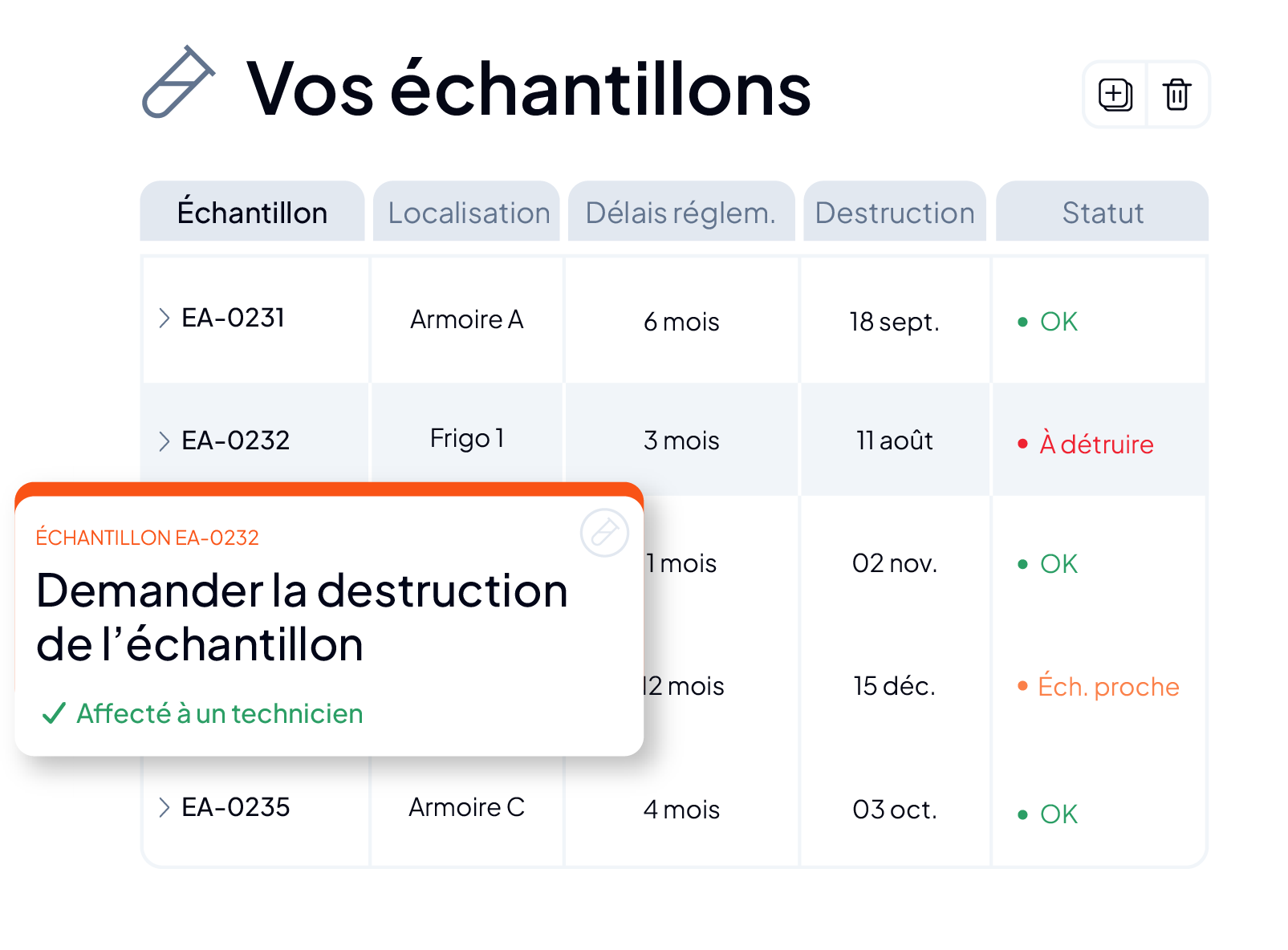 Échantillothèque du LIMS AQ Manager : suivi des échantillons par localisation et délai réglementaire, alerte de destruction à date d'échéance et demande de destruction affectée à un technicien.