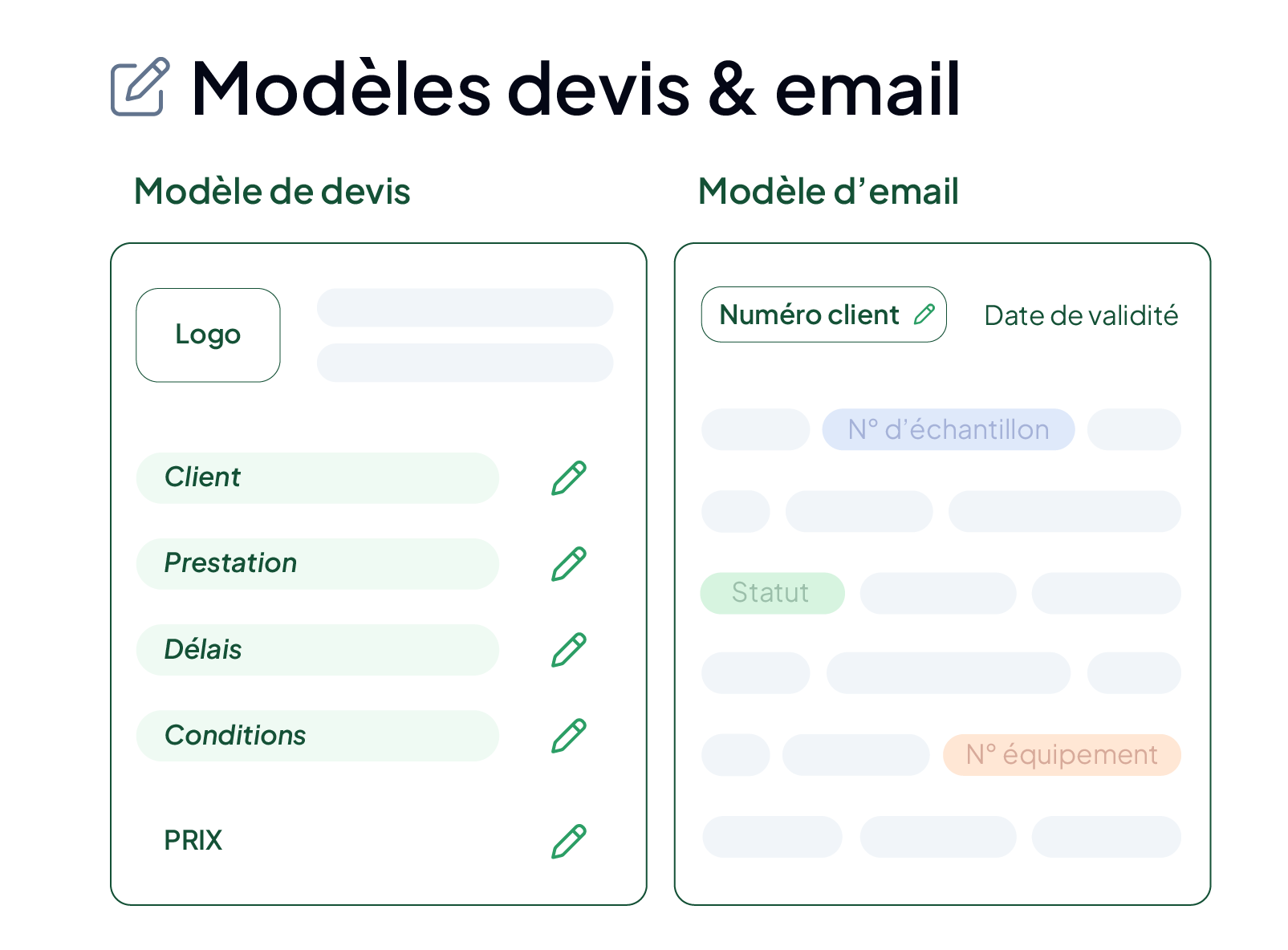 Gestion des devis clients dans le LIMS AQ Manager : modèles de devis personnalisables (client, prestation, délais, conditions, prix) et modèles d'emails remplis automatiquement avec les données de la commande.