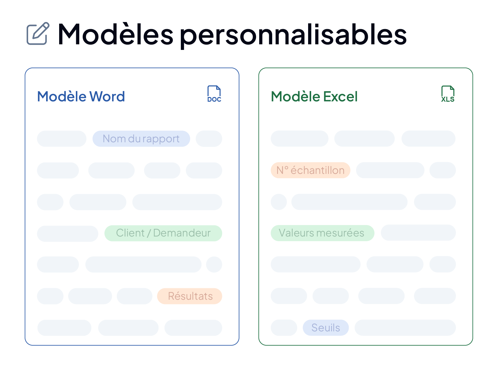 Modèles de rapport d'analyse personnalisables dans le LIMS AQ Manager : modèles Word et Excel avec champs automatiques (nom du rapport, client, n° d'échantillon, valeurs mesurées, résultats, seuils).