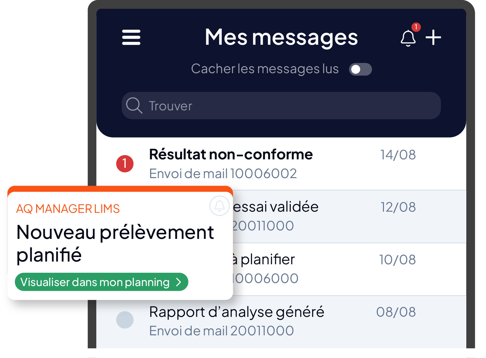 Notifications du LIMS mobile AQ Manager : messagerie sur smartphone avec alertes en temps réel (résultat non conforme, essai validé, nouveau prélèvement planifié, rapport d'analyse généré).
