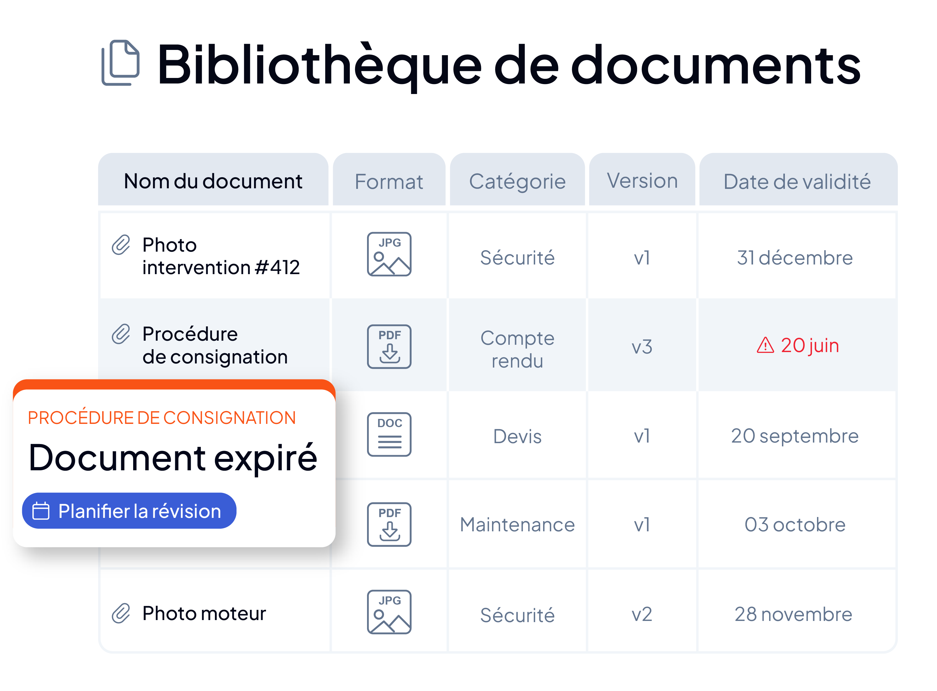 Bibliothèque de documents de maintenance dans la GMAO AQ Manager : classement par format, catégorie et version, suivi des dates de validité et alerte de document expiré pour planifier sa révision.