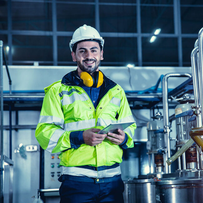 Technicien de maintenance en tenue de sécurité utilisant une tablette dans une usine