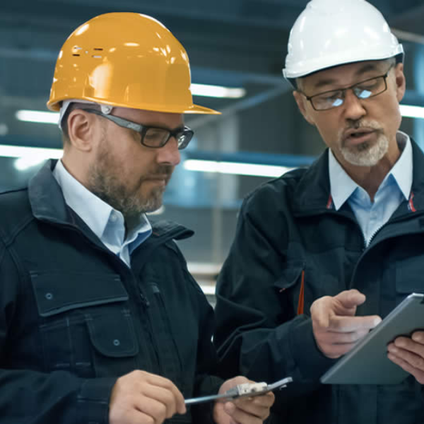 Deux ingénieurs en atelier industriel analysant un projet de maintenance sur tablette