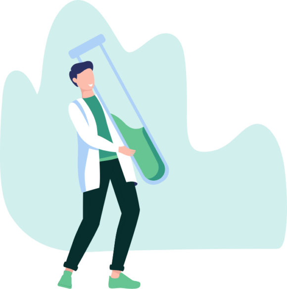 Illustration d’un scientifique portant une grande éprouvette de laboratoire ELN