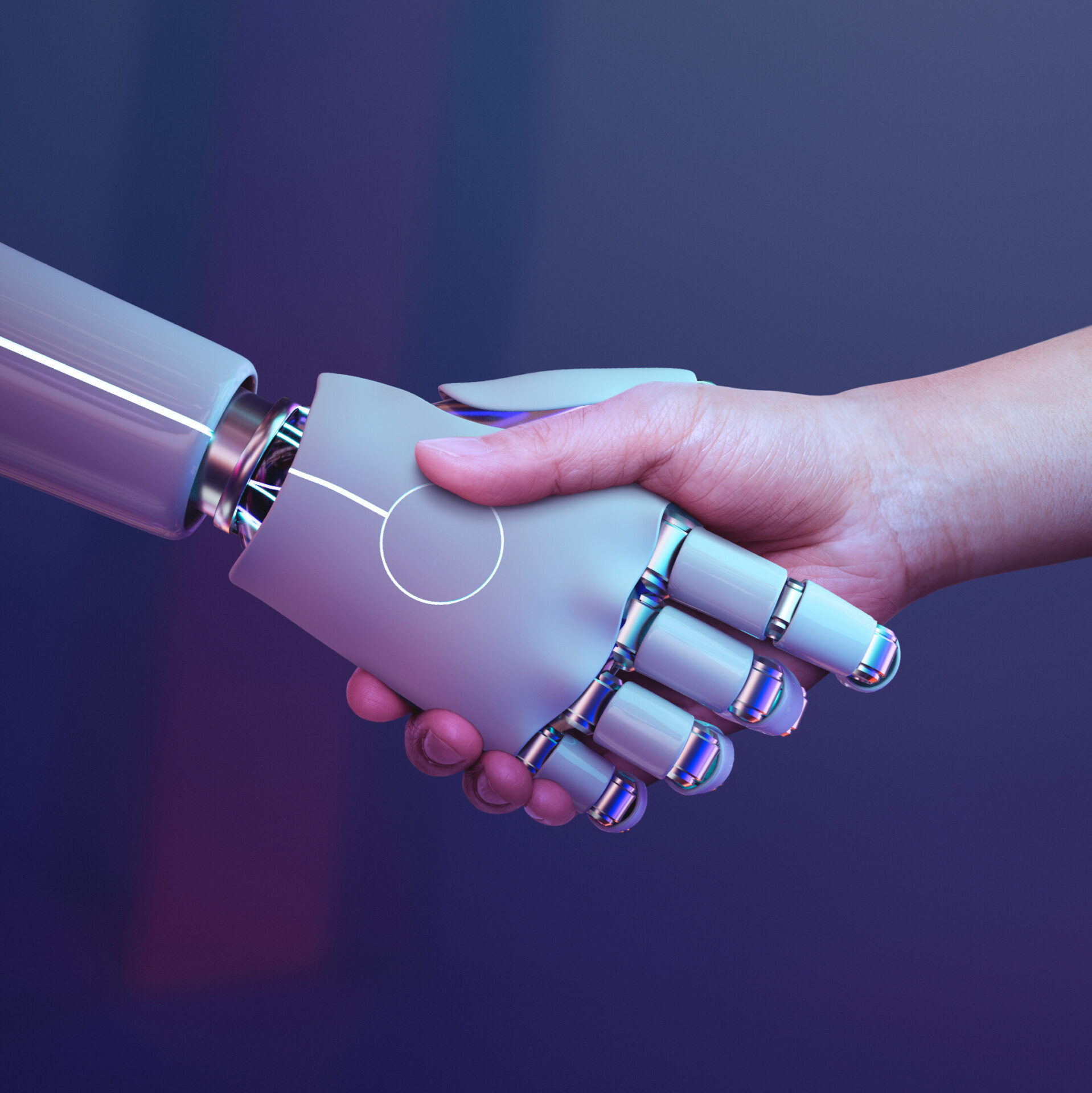 Poignée de main entre un humain et un robot symbolisant l’alliance entre technologie et industrie
