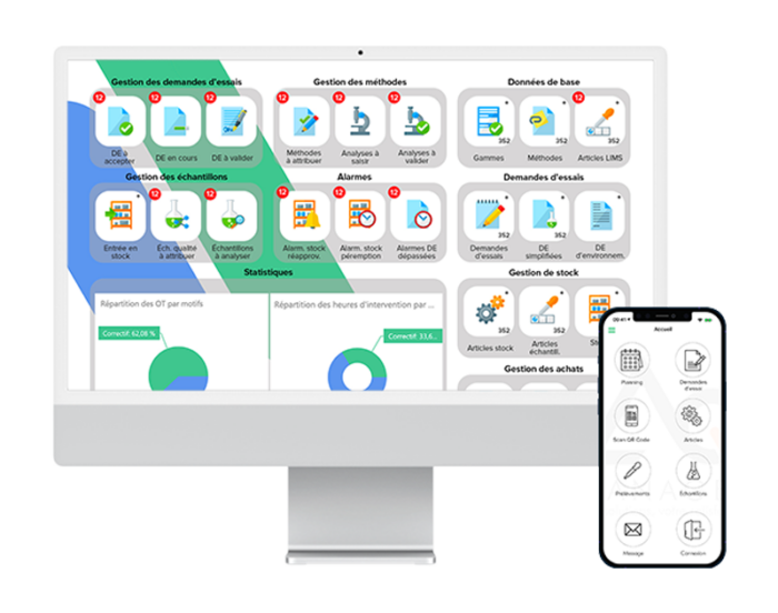 Interface AQ Manager affichée sur ordinateur et application mobile, ancien design