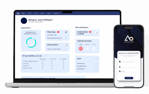 Interface AQ Manager GMAO sur ordinateur et application mobile