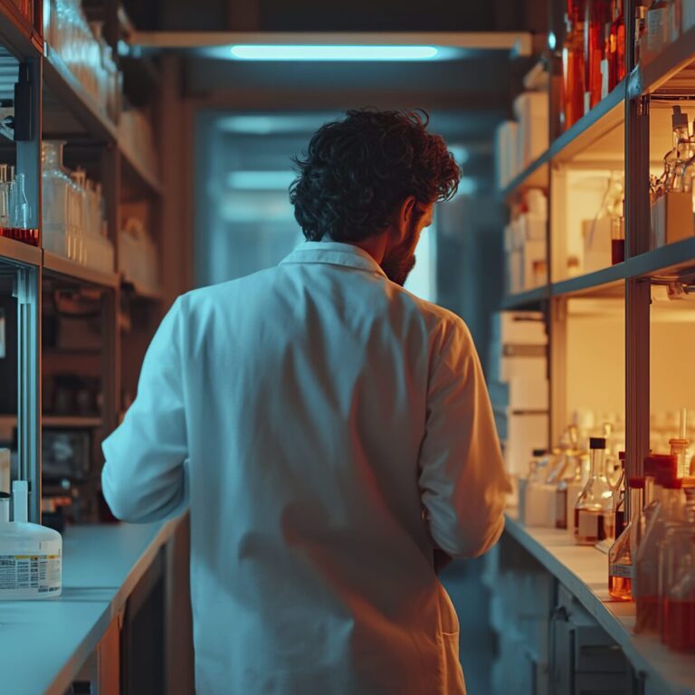 Technicien de laboratoire vérifiant la disponibilité d’un réactif dans le stock de consommables