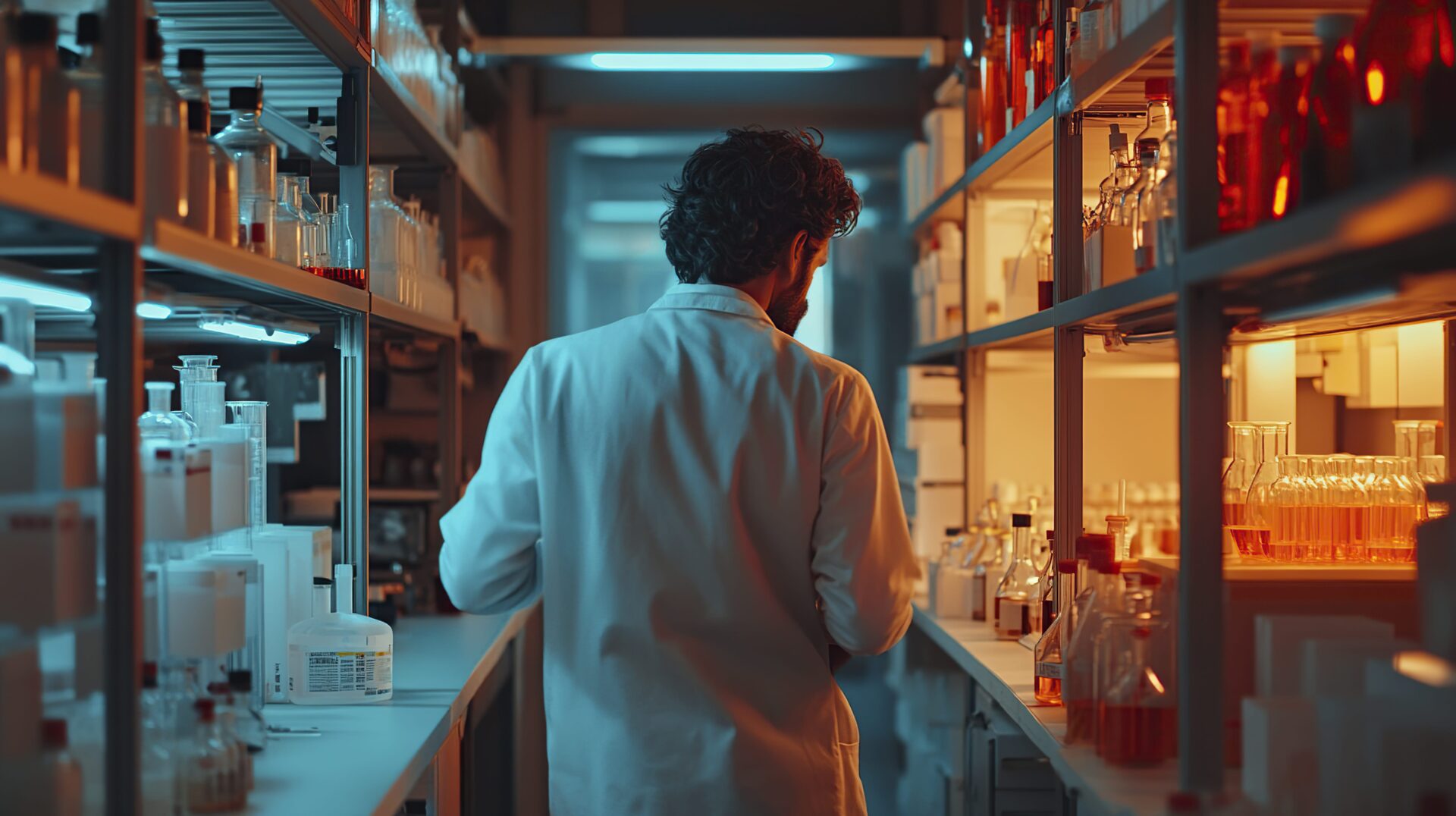 Technicien de laboratoire vérifiant la disponibilité d’un réactif dans le stock de consommables